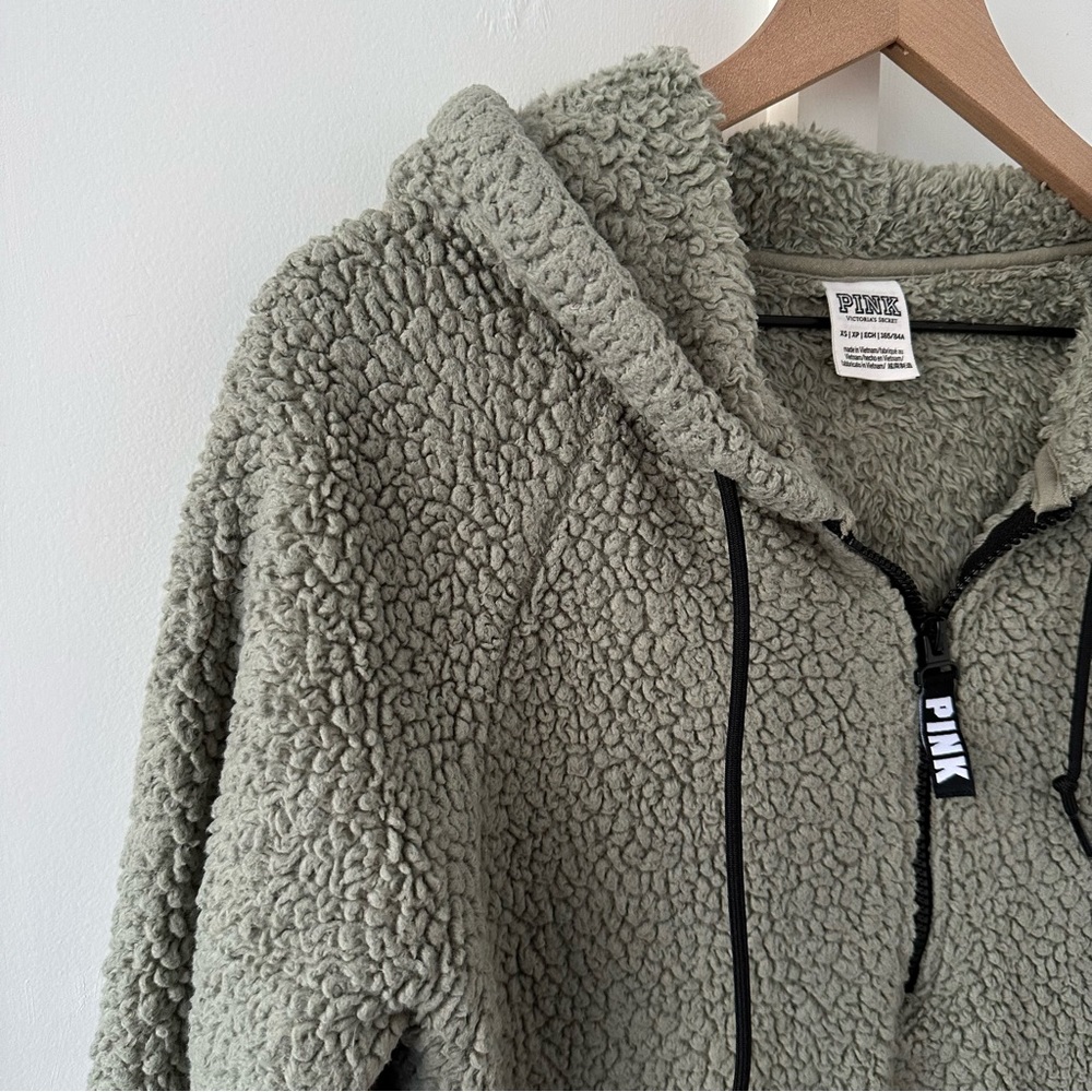 VICTORIAS SECRET PINK green Sherpa quarter zip hoodie - Picture 3 of 6